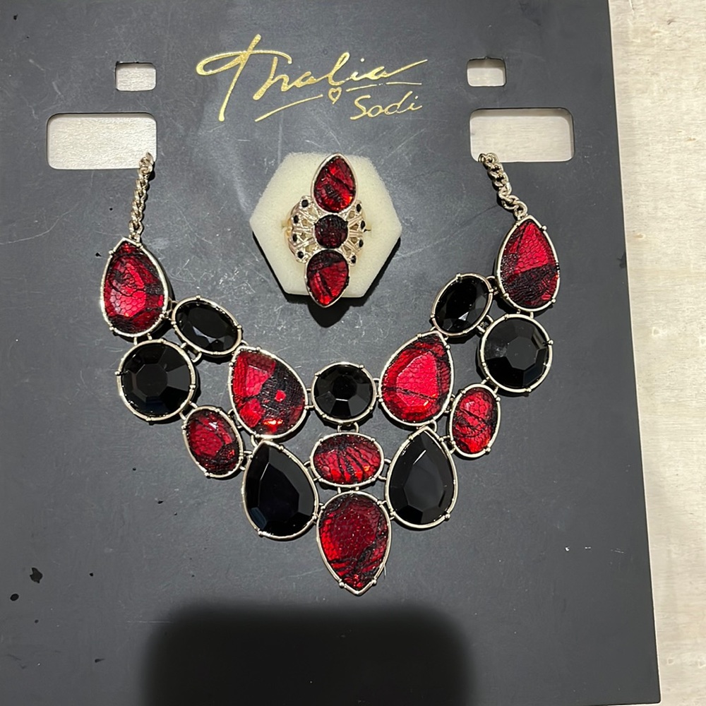 Thalia Sodi Red and Black Jewel Necklace + Ring Bundle